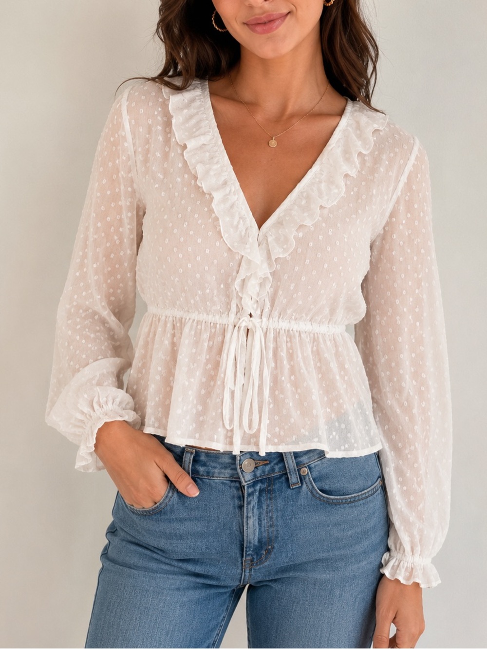 Abercrombie & Fitch Sheer White Ruffle Swiss Dot Peplum Blouse
